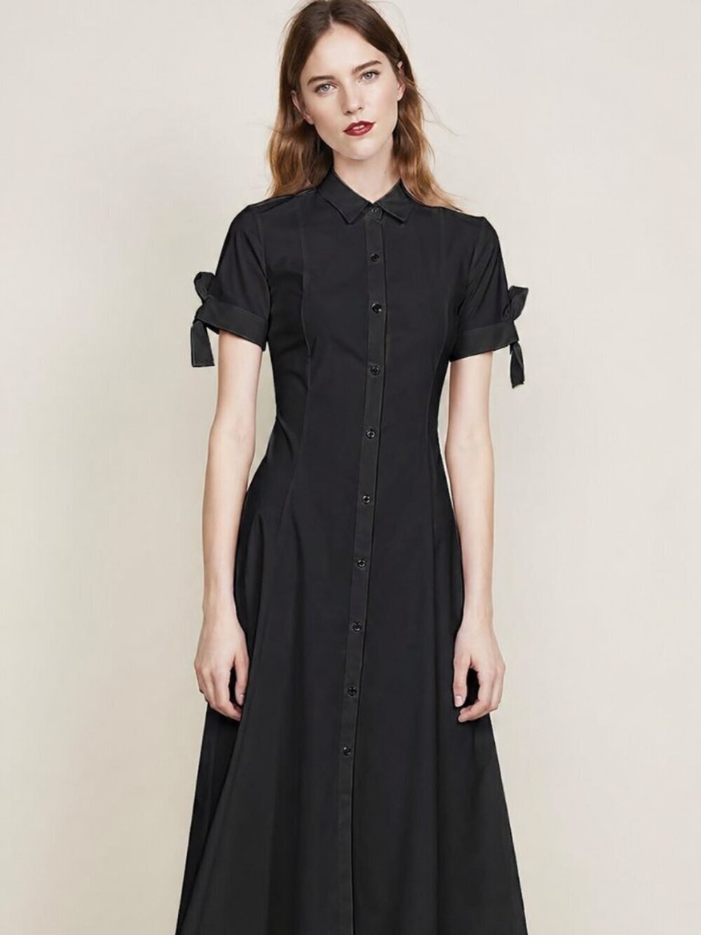 THEORY Black Stretch Cotton Poplin Tie Sleeve A-Line Midi Shirt Dress, Size M